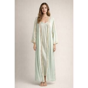 VINTAGE WINTER SILKS Lace Trim Long Line Robe in Seafoam Green Size L